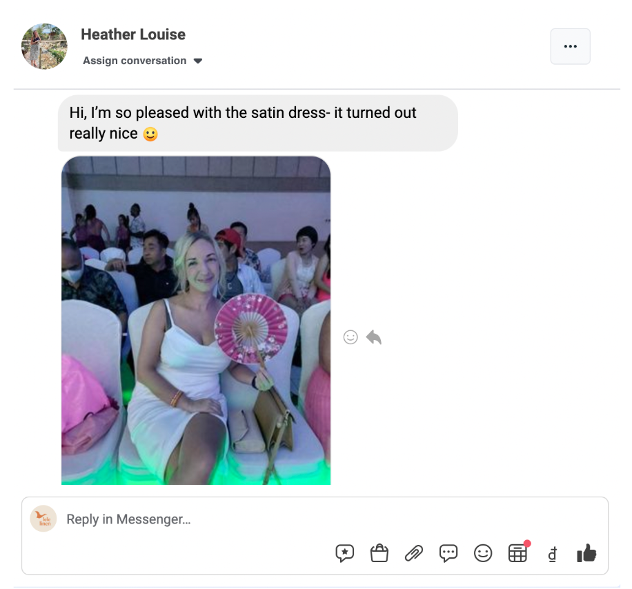 Customer message: “Hi, I'm so pleased with the satin dress - it turned out really nice”, with a photo of the customer wearing the white satin dress.